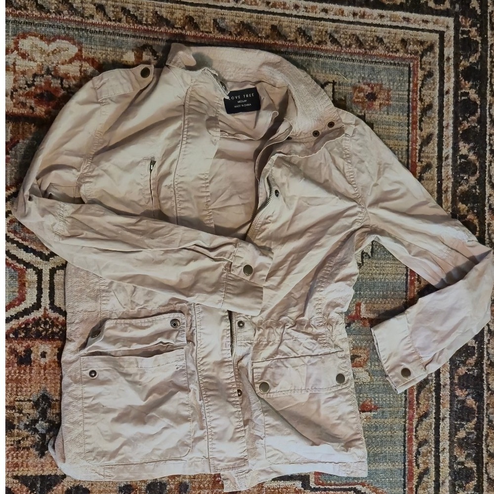 Love Tree Womens Tan Khaki Military Utility Safari Jacket Medium Full Zip Pocket